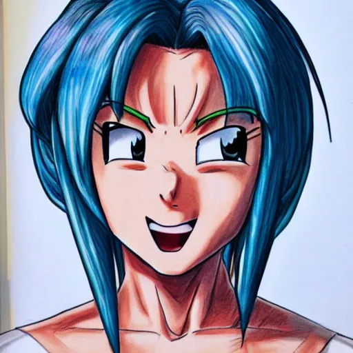 Image similar to hyper realistic drawing of bulma from dragonball z.