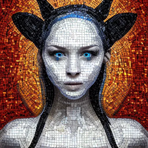 Image similar to mosaic portrait of a beautiful cute girl with robot ears by Saimir Strati, 4k, intricate details, digital, water