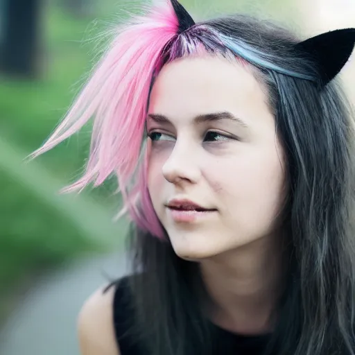 Prompt: photo of a young woman with messy pink hair and cat ears