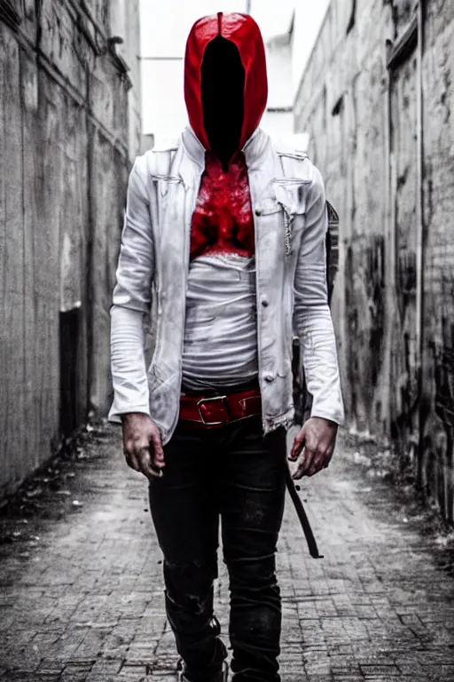 Prompt: red hood cosplay, creepy, disturbing, bloody, darkness, grainy, urban, jeans, white jacket