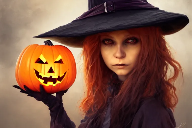 Image similar to portrait of a scarecrow with a jack - o - lantern head and a witch hat, halloween night, charlie bowater, artgerm, ilya kuvshinov, krenz cushart, ruan jia, realism, ultra detailed, 8 k resolution