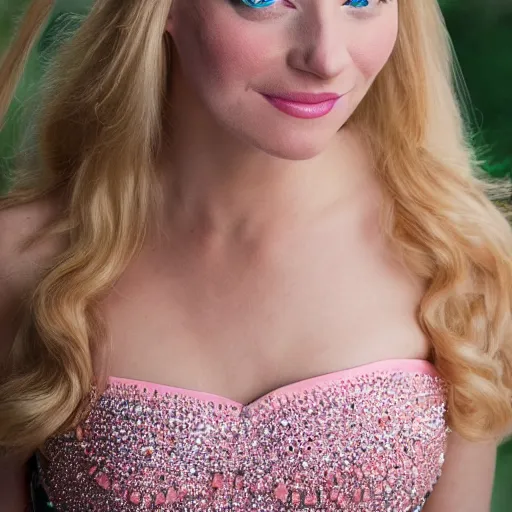 Image similar to close up headshot of a princess with long blonde hair and blue eyes wearing a strapless elaborately beaded pink dress, high resolution film still, 8k, HDR color, film by Simon Langton and David Frankel, gazing eyes, narrow V-shaped chin