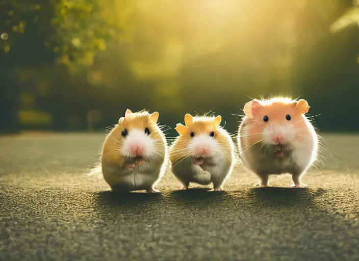 Image similar to photo of a hamsters walking in a park, cinematic color grading, various poses, soft light, faded colors, well framed, sharp focus, 8 k