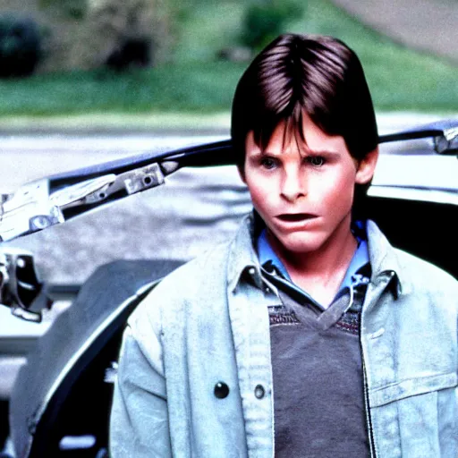 Prompt: film still of Christian Bale as Marty McFly in Back to the Future movie, 4k