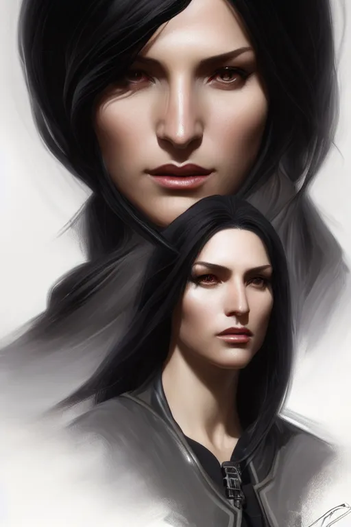 Prompt: portrait of a long black haired woman in the style of mass effect, leather trench coat, intricate, elegant, highly detailed, digital painting, artstation, concept art, smooth, sharp focus, illustration, art by artgerm and greg rutkowski and alphonse mucha, 8 k