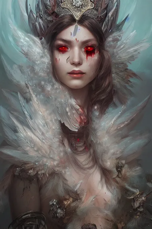 Prompt: beautiful princess with face covered with blood crystals wearing frost feathers, diamonds, angel, fantasy, dramatic lighting, highly detailed, digital painting, magic the gathering, hyper detailed, 3 d render, hyper realistic detailed portrait, peter mohrbacher, wlop, ruan jia