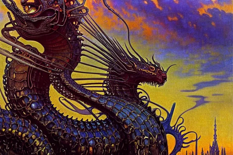 Prompt: realistic extremely detailed closeup portrait painting of a beautiful black woman riding mutant dragon, dystopian city on background by Jean Delville, Amano, Yves Tanguy, Ilya Repin, Alphonse Mucha, Ernst Haeckel, Edward Hopper, Edward Robert Hughes, Roger Dean, heavy metal 1981, rich moody colours