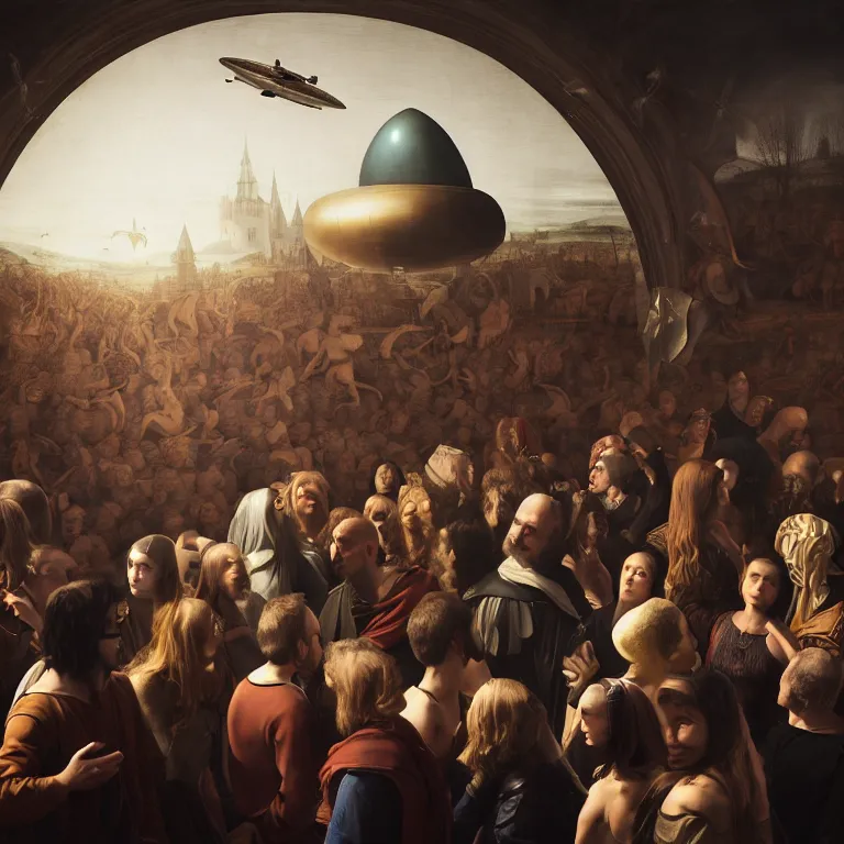 Image similar to beautiful man in a crowd of medieval people surrounding UFO flying saucer, dream-like atmosphere, baroque portrait painting, perfect portrait composition, beautiful detailed intricate insanely detailed octane render trending on Artstation, 8K artistic photography, photorealistic, soft natural volumetric cinematic perfect light, chiaroscuro, award-winning photograph, masterpiece, Raphael, Caravaggio, Greg Rutkowski, Beeple