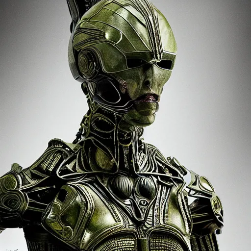 Image similar to Prometheus Engineer from the movie Prometheus (2012), highly detailed, symmetrical long head, raiden metal gear, cinematic smooth stone, deep aesthetic, concept art, post process, 4k, carved green metal texture and silk cloth, latex skin, highly ornate intricate details, in the style of frank miller