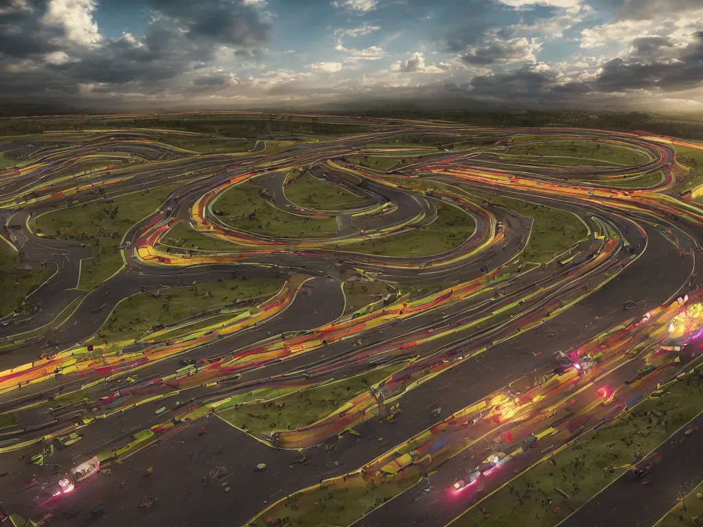 Prompt: a racing track in a game hyperealistic very colourful hdr cinematic lighting cgi render photorealistic cinematic octane render