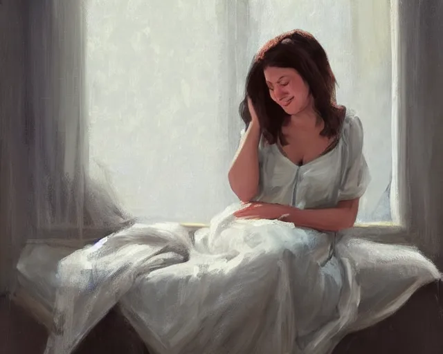 Image similar to a relaxed smiling woman in a soft night gown sitting with her eyes closed on a loose pile of soft fabrics infront of a window with the blinds drawn shut. there is a flower vase near her. by richard s. johnson, trending on deviantart