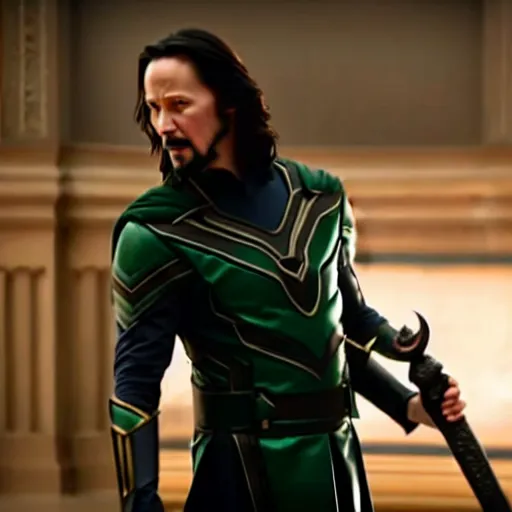 Prompt: film still of Keanu Reeves as Loki holding scepter in Avengers Endgame