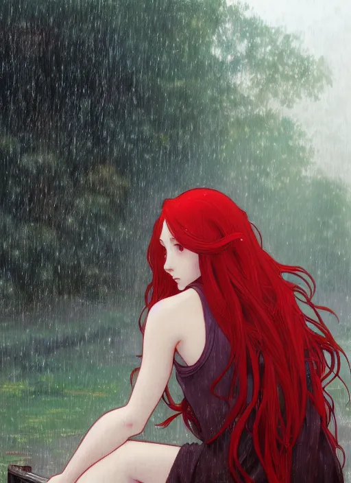 Image similar to pretty young woman with long red hair sitting at a bus stop in the rain, path traced, highly detailed, high quality, digital painting, by studio ghibli and alphonse mucha, leesha hannigan, makoto shinkai, disney