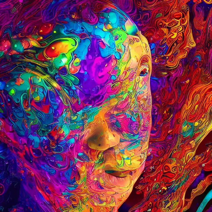 Image similar to illustration of a colorful melting human head. flowers and blossoms, ferrofluids, burning water distortions. intricate abstract. intricate artwork. by tooth wu, wlop, beeple, dan mumford. octane render, trending on artstation, greg rutkowski, cinematic