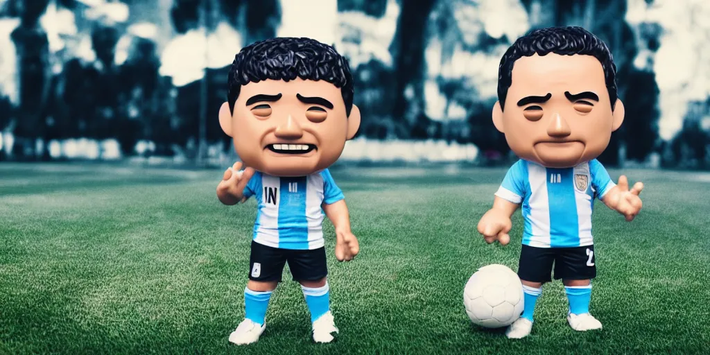 Prompt: funko pop of young thing maradona with big head, argentina t - shirt, smile, no beard, stand with a ball under his left foot, max resolution, high contrast, cinematic, light cinematic, volumetric, realistic, cinematic lighting, octane render, hyper realistic