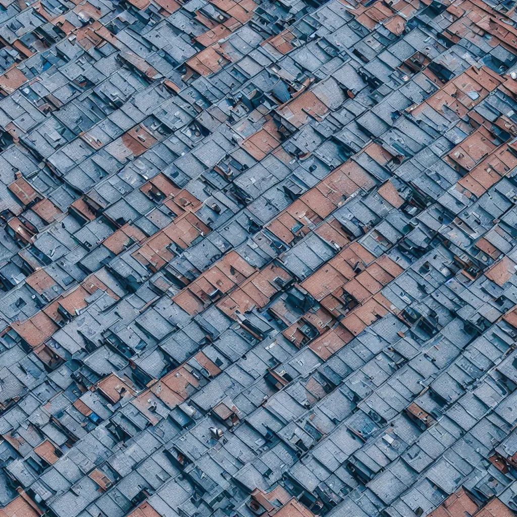 Image similar to bird's eye view of single blue rooftop building, seamless texture of bricks on top of roof, 8k