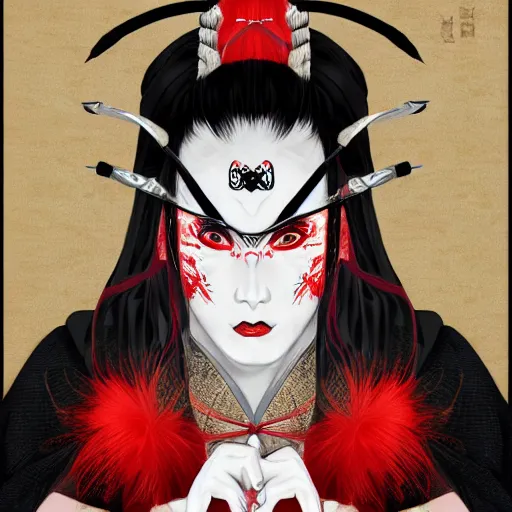 Prompt: an epic portrait of insane kabuki wielding a spear while striking a pose, magical aura of insanity driving beasts insane, intricate hakama, red wig, detailed face with crossed eyes, high energy, trending on artstation, detailed concept art,
