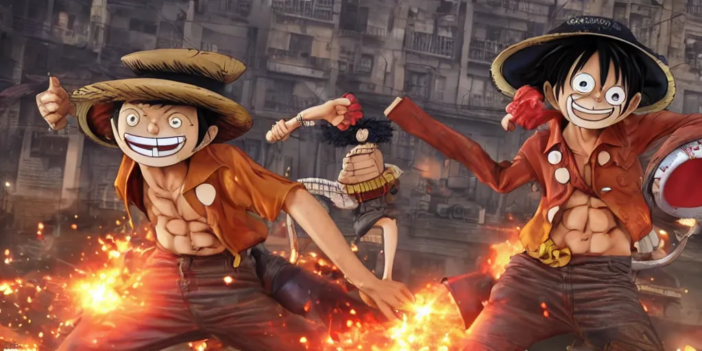 Prompt: monkey d luffy fighting aliens in a steampunk city, night, realism, 4 k, octane render, award winning photograph, epic cinematic shot, perfectly defined features, ambient occlusion