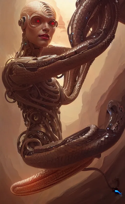 Image similar to Cyborg biomechanical snake, sci-fi, highly detailed, digital painting, artstation, concept art, smooth, sharp focus, illustration, art by artgerm and greg rutkowski and alphonse mucha