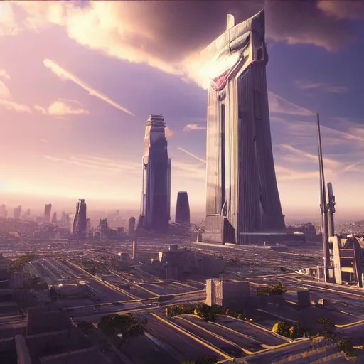 Image similar to gigantic majestic futuristic city of angels, epic scale, dramatic buildings, cinematic sky, 8 k, unreal engine 5