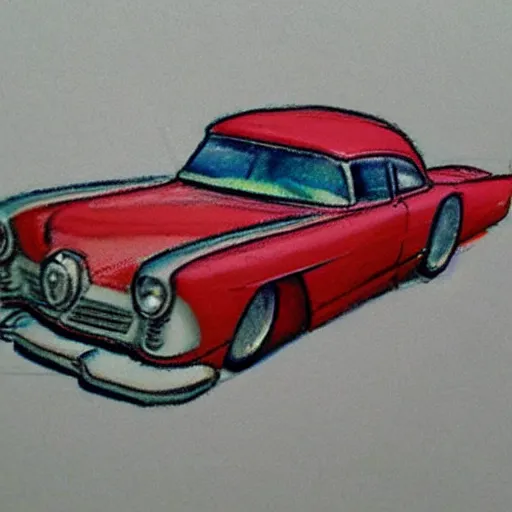 Prompt: a color pencil design sketch for a 5 0 s cadelac car with wings