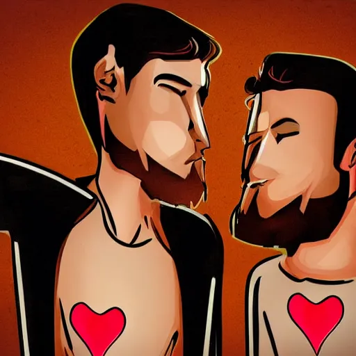 Image similar to two beautiful chad men drinking beer, red hearts, friendship, love, sadness, dark ambiance, concept by Godfrey Blow, featured on deviantart, drawing, sots art, lyco art, artwork, photoillustration, poster art