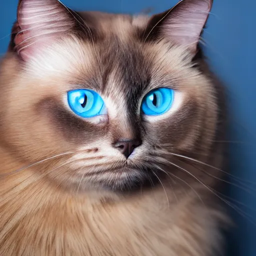 Image similar to studio photograph of a birman cat, bright blue eyes, warm brown colorpoints, hd, studio lighting, stock photo, longhaired, anatomically accurate