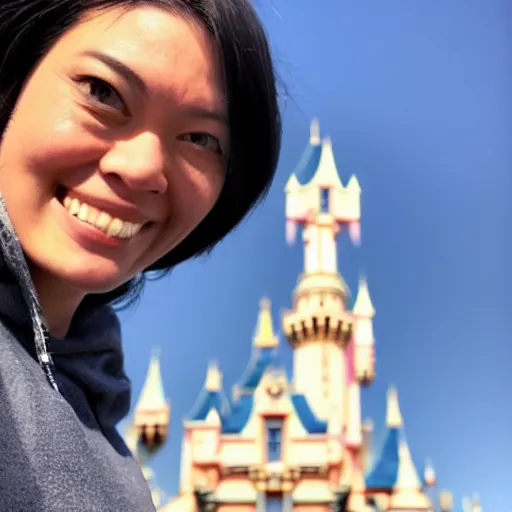 Image similar to high detail selfie by a woman, disneyland castle in background, taken on iphone, 4 k