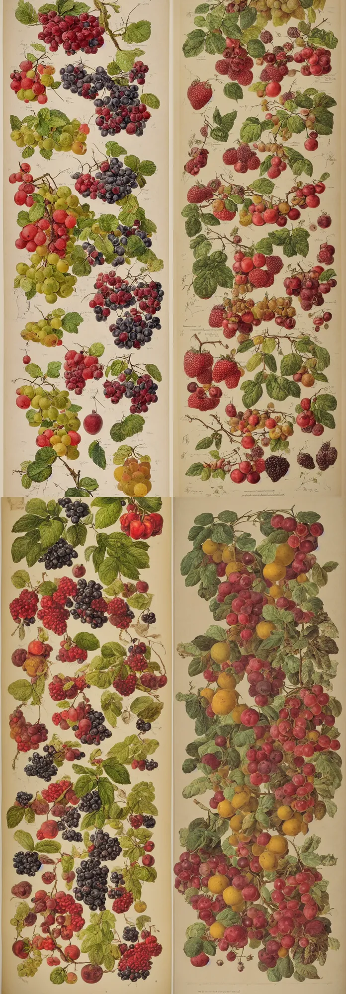 Prompt: full page antique lithograph of varying fruits and berries, muted colors, labeled diagram, different shapes and sizes