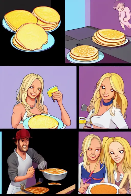 Image similar to britney spears making pancakes, animation pixar style, by pendleton ward, magali villeneuve, artgerm, rob rey and kentaro miura style, golden ratio, trending on art station