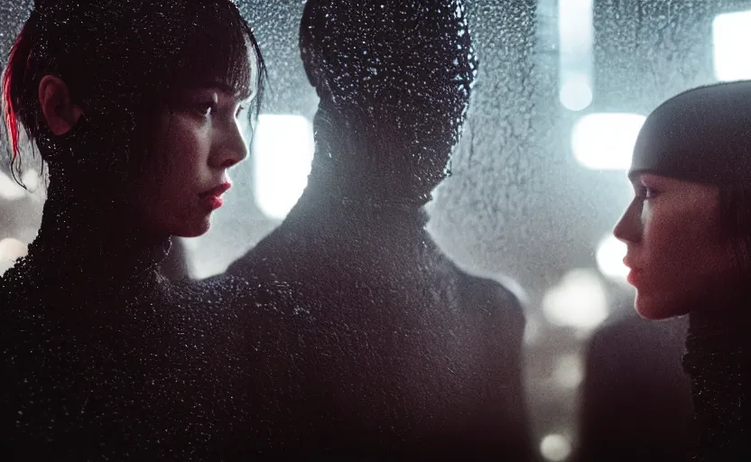 Image similar to cinestill 5 0 d candid photographic portrait by christopher nolan of two loving female androids wearing rugged black mesh techwear in treacherous waters, extreme closeup, modern cyberpunk moody emotional cinematic, pouring rain menacing red spotlight, 8 k, hd, high resolution, 3 5 mm, f / 3 2, ultra realistic faces, ex machina