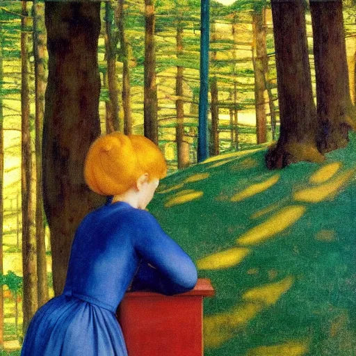 Image similar to a young girl lost in a blue golden forest, film still by edward hopper, by Pontormo, by klimt, art noveau, highly detailed, strong lights, liminal, eerie, Bright pastel colors