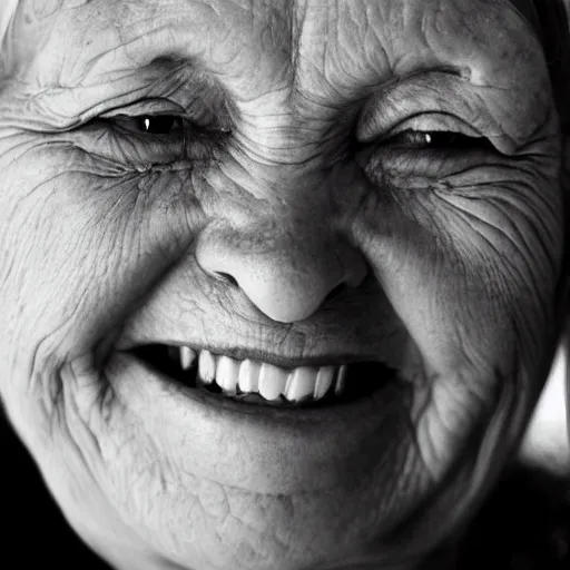 Image similar to an extreme close-up of a smiling old woman