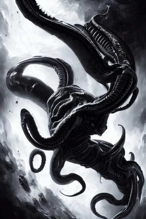 Image similar to black and white, deep space, nebula, giant xenomorph alien mixed with sharks extra teeth, tentacles, highly detailed, digital painting, artstation, concept art, smooth, sharp focus, illustration, unreal engine 5, 8 k, art by carlos huante and greg rutkowski and alphonse mucha and ifbb pro fitness photograph