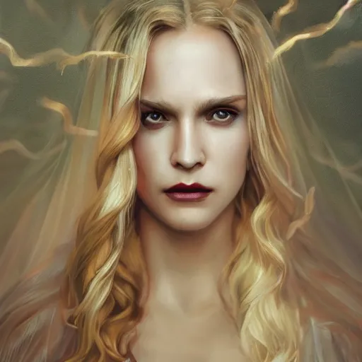 Image similar to majestic gracious regal aristocratic blonde female vampire portrait, atmospheric lighting, painted, soft rim light, menacing, intricate, volumetric lighting, beautiful, rich deep colours masterpiece, golden hour, sharp focus, ultra detailed, by leesha hannigan, ross tran, thierry doizon, kai carpenter, ignacio fernandez rios