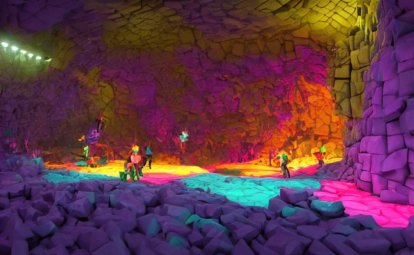 Prompt: mayhem inside the cheese cavern, bright and colorful octane render, high contrast, ray-tracing, natural lighting, 4k, high quality, trending on artstation