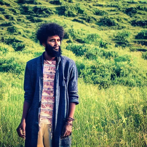 Prompt: east african male, curly hair, muslim, in vast field, beautiful scenery, nature, vintage, dreamy, pastel, thoughtful, intricate details