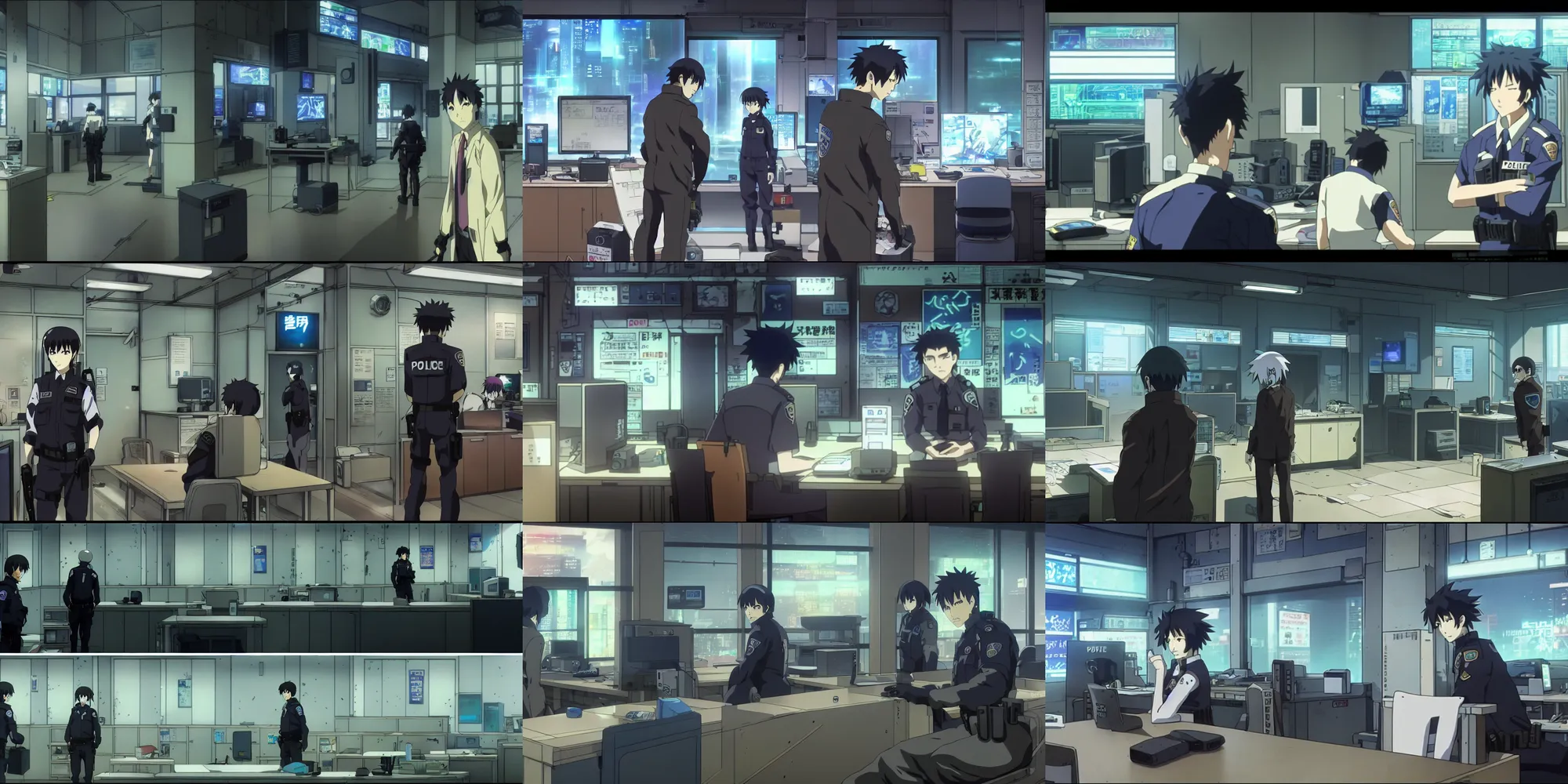 Prompt: a cyberpunk police police office in a quiet quiet quiet shop in the cyberpunk anime film, Shichiro Kobayashi, screenshot in the anime series ergo proxy and Detroit metal city, interior