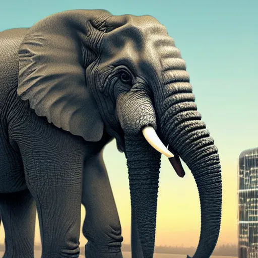 Image similar to lovecraftian elephant with tendrils invading a city, hyperrealistic