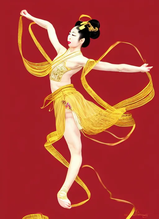 Image similar to full body portrait of a dancer doing chinese ribbon dance, feet, barefoot, full body, vivacious, extremely beautiful, gold jewelry, hanfu, ribbon dance, aerial silk, large flying ribbons, ming dynasty, detailed, realistic face, anatomically accurate, fantasy art, wlop.