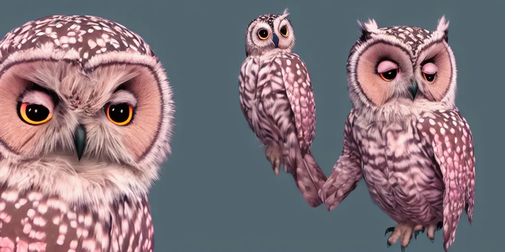 Prompt: the character is a beautiful owl, wearing light pink clothes. realistic cg render, anatomically correct, high key lighting, trending on art station, vibrant colors..