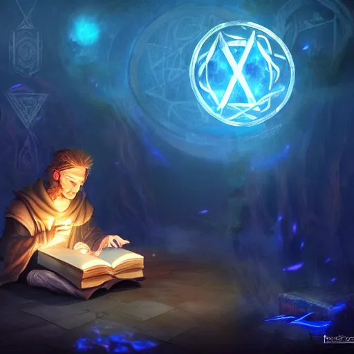 Image similar to A mage reading a spell book, as he reads the words runes float in the air. Magic, blue lighting, flux. High fantasy, digital painting, HD, 4k, detailed.