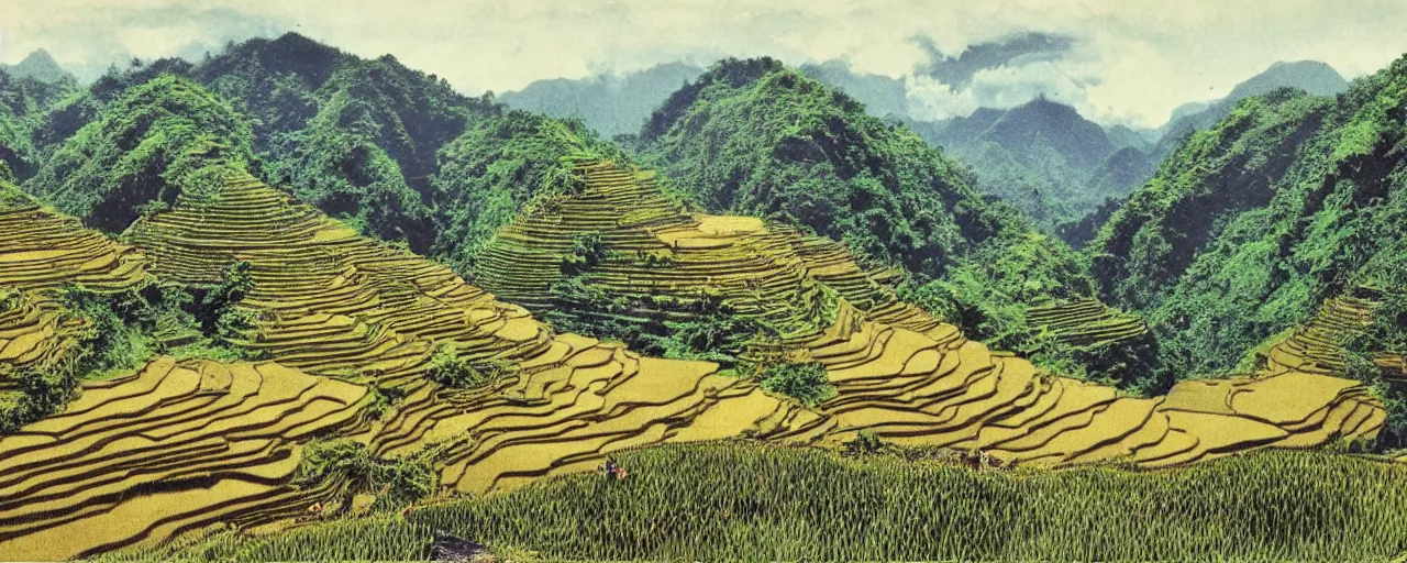 Image similar to a 2D drawing of a beautiful Philippine landscape of the Ifugao Rice Terraces, majestic and exotic by hiroshi yoshida
