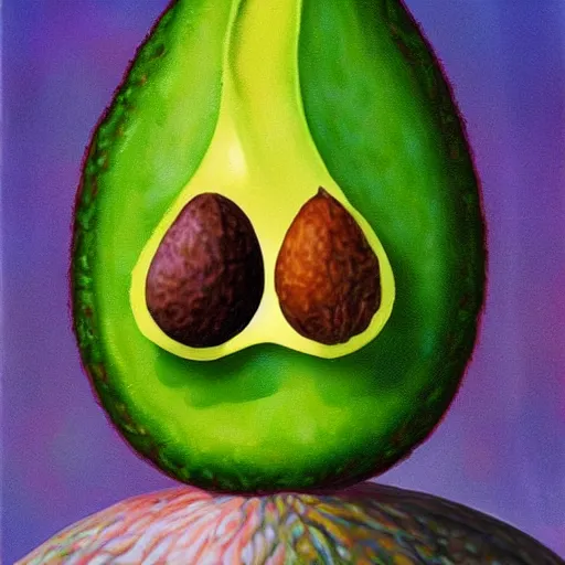 Prompt: bob ross embedded in an avocado, surrealist painting