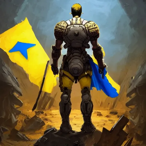 Image similar to a distant full body shot from behind of a super soldier with a yellow and blue flag on his shoulders standing on a pile of skulls in triumph after battle, western, D&D, fantasy, intricate, elegant, highly detailed, digital painting, artstation, concept art, matte, sharp focus, symmetrical, illustration, art by Artgerm and Greg Rutkowski and Alphonse Mucha