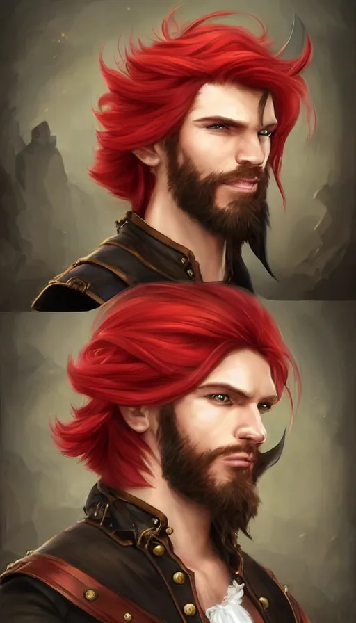 Image similar to portrait of a male pirate with flowing red hair!!!!!!, handsome, side profile, Steampunk airship!!!!!!!, D&D, fantasy, simple clothing!!!!, elegant, highly detailed, digital painting, deviantart, artstation, concept art, sharp focus, illustration, art by Artgerm and Greg Rutkowski and Alphonse Mucha