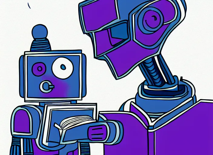 Prompt: professional illustration of the robot reading the book, violet color palette, sharp, 4K