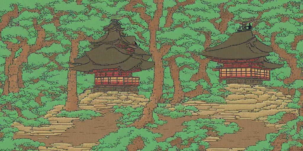 Image similar to old japanese landscape with pagoda, curved trees and rocks, detailed, pixel art