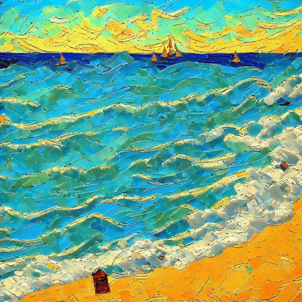 Image similar to beautiful Italian beach scene painted in a style of painting similar to Van Gogh but more impasto and less hatching