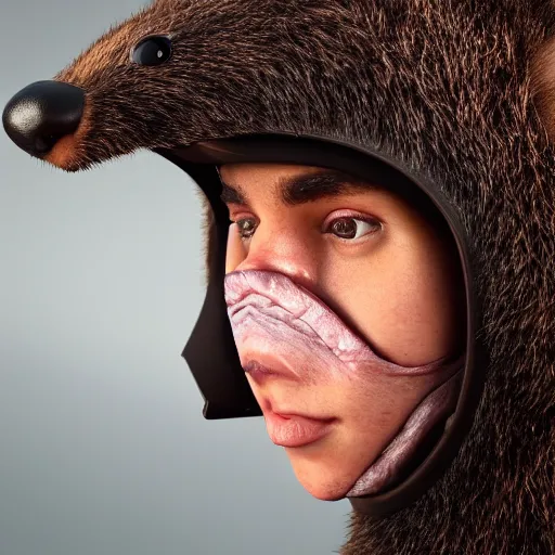 Image similar to hyperrealistic dslr film still of justin bieber disguised as beaver mask, stunning 8 k octane comprehensive 3 d render, inspired by istvan sandorfi & greg rutkowski & unreal engine, perfect symmetry, dim volumetric cinematic lighting, extremely hyper - detailed, incredibly real lifelike attributes & flesh texture, intricate, masterpiece, artstation, stunning